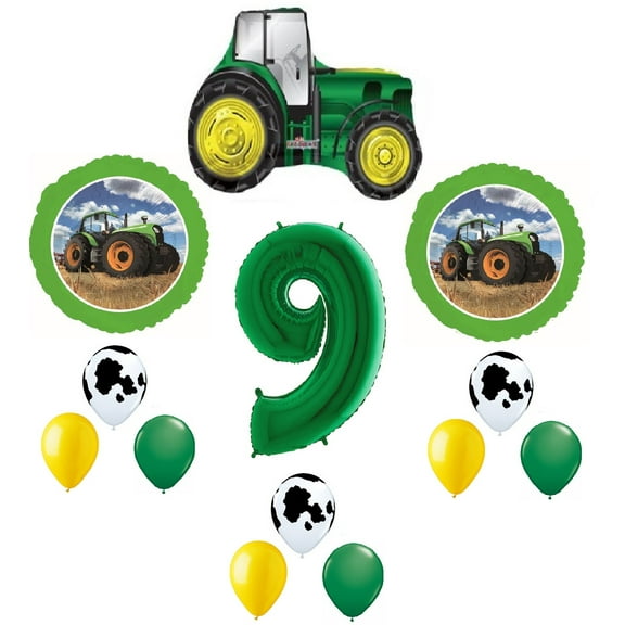 Farm Tractor 13 Piece #9 9th Green Yellow Happy Birthday Balloon Bouquet Party Decoration