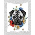thumbnail image 1 of Pug Tapestry, Head of a Dog Surrounded by Lively Spring Flowers Daisies and Puppies Sketch Art Print, Wall Hanging for Bedroom Living Room Dorm Decor, 60W X 80L Inches, Multicolor, by Ambesonne, 1 of 2