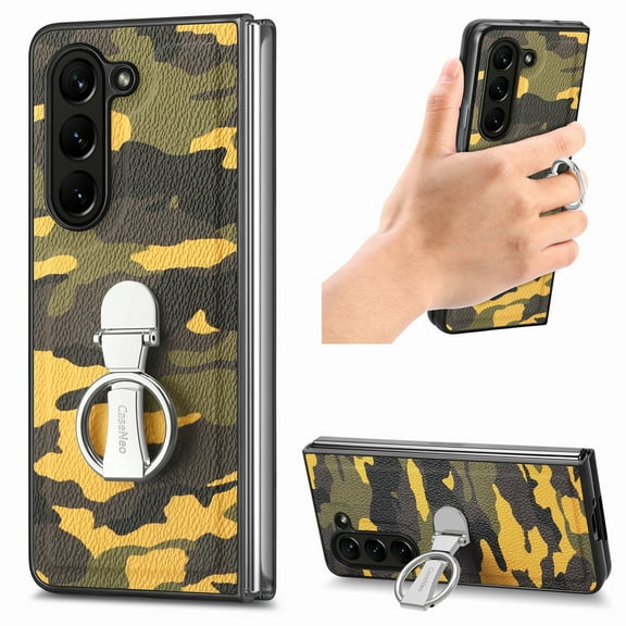 Phone Case for Samsung Galaxy Z Fold 5 5G 2023, Cover with 360 Rotating Ring Holder Stand Slim Shockproof Rugged PU Leather Protective Camouflage Case for Samsung Galaxy Z Fold 5 - Yellow