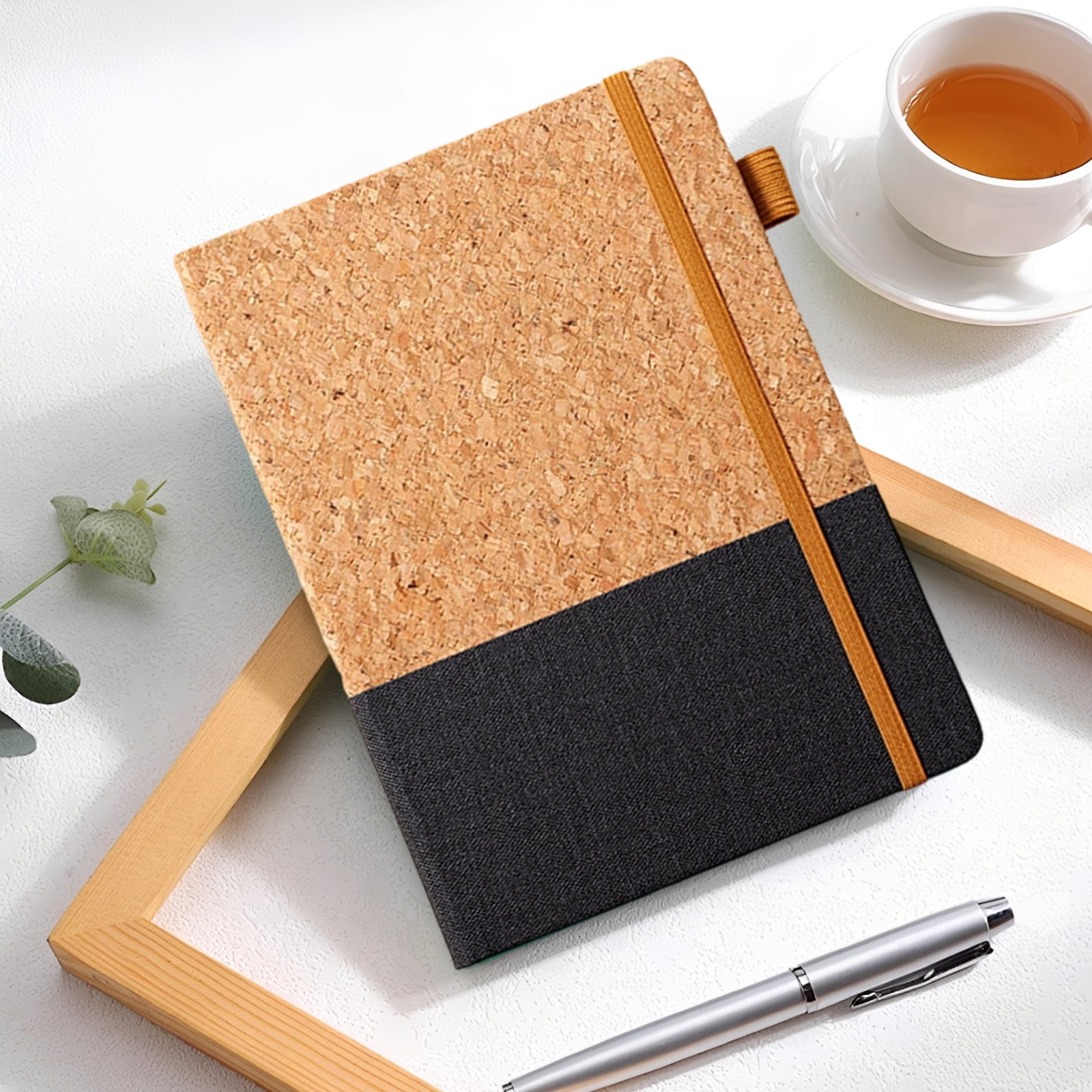 VKLU 1Pc Black 8.5" x 5.7" Cork and Faux Leather Patchwork Journal, Professional Hardcover Notebook with Elastic Band