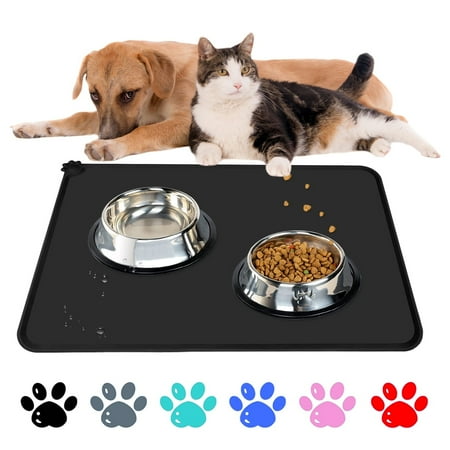 Rirool Dog Food Mat - Silicone Dog Cat Bowl Mat - 18.5" x 11.5" Non-Slip Waterproof Pet Feeding Mat - FDA Grade Food Container Placemat for Small Animals - Black