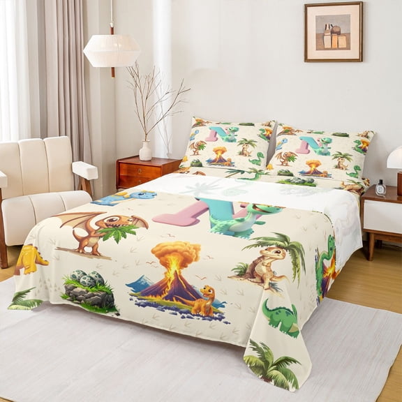 Erosebridal Cartoon Dinosaur Full Size Sheets for Kids Boys Girls, Dino Letter N Bed Sheets, 4pcs