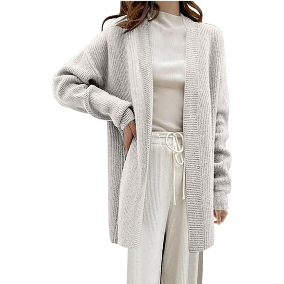 Lovskoo 2024 Long Cardigans for Women Trendy Loose and Cozy Solid Color Versatile Knitted Cardigan Long Sleeve Sweater Jacket White
