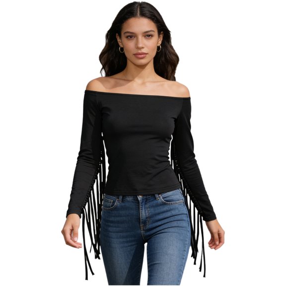 inhzoy Women's Fringe Trim Off Shoulder Long Sleeve Top Blouse Concert Cowgirl Disco Outfits Black XL