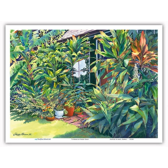 Ti House - Hawaiian Ti Leaves for Protection and Luck - From an Original Hawaii Watercolor Painting by Peggy Chun - Master Art Print (Unframed) 9in x 12in