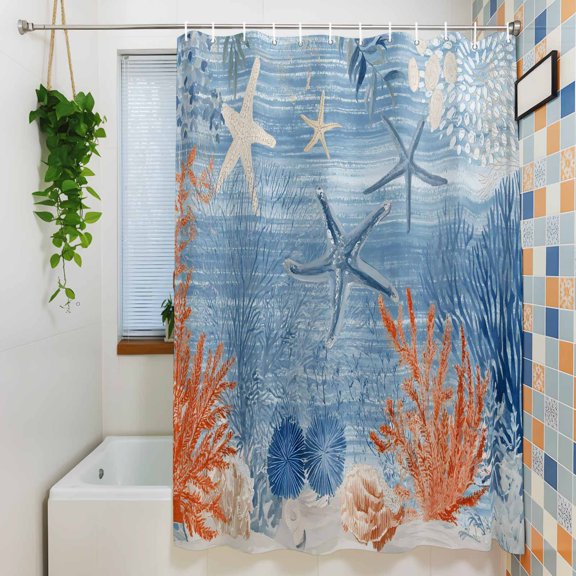 Shower Curtain,Summer Ocean Starfish Coral Waterproof Fabric Bath Curtains with Hooks Blue Waves Leaves Washable Bathroom Shower Curtains for Home Hotel Decor ,36x72 Inch