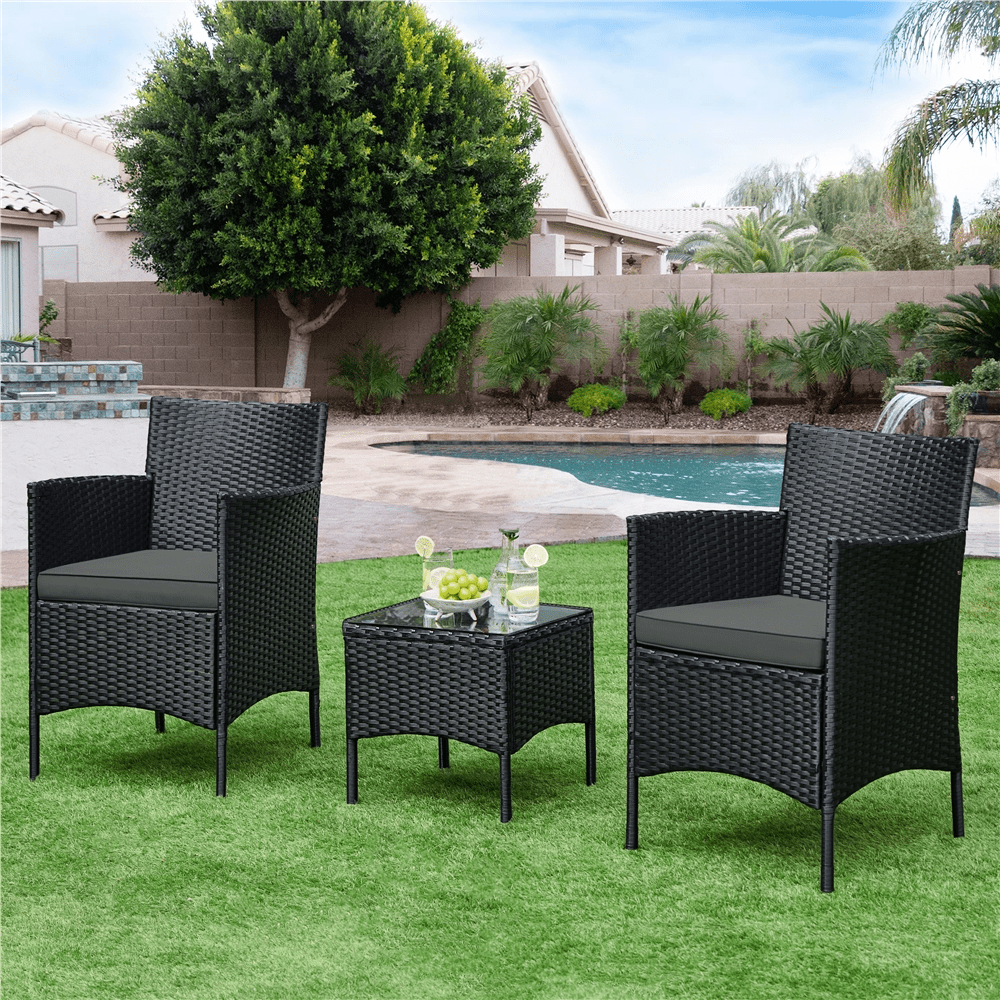 Renwick 3-Piece Rattan Furniture Set with 1 Side Table and 2 Chairs, Black/Gray