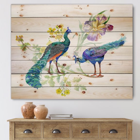 Designart 'Iris Flowers and Peacocks' Traditional Print on Natural Pine Wood