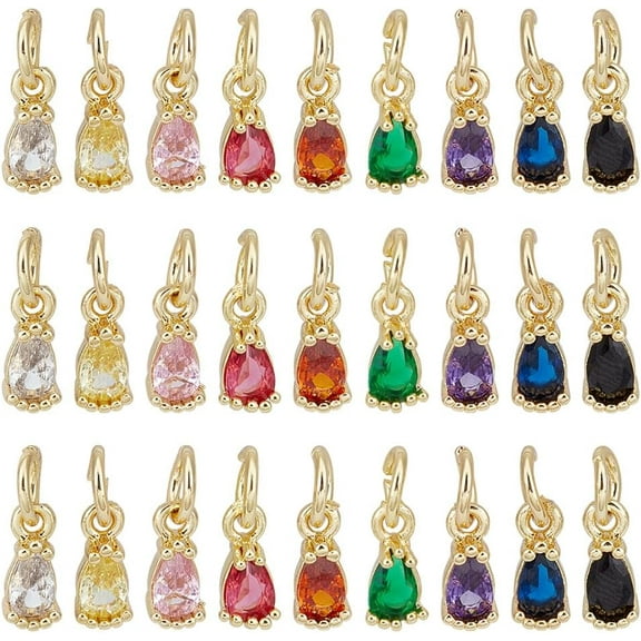 27 Pcs Real 18k Gold Plated Birthstone Charms 9 Colors Mini Cubic Zirconia Jewelry Making Charms Teardrop Birthstone Pendants with Jump Hooks for DIY Necklace Bracelet Earring Craft 8x3mm Colorful