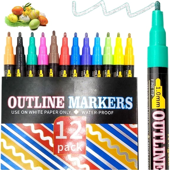 Double Line Outline Markers, 12 Color Metallic Glitter Marker Set for Drawing Crafts