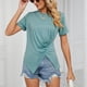 thumbnail image 5 of Camiseta informal de verano de manga corta con abertura en el dobladillo delantero plisado con cuello redondo para mujer, 5 of 8