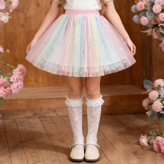 Ynynloco Girls Pastel Rainbow Tulle Tutu Skirt Sparkle Elastic Waist A-Line Princess Skirt for Party with Moon Star Print