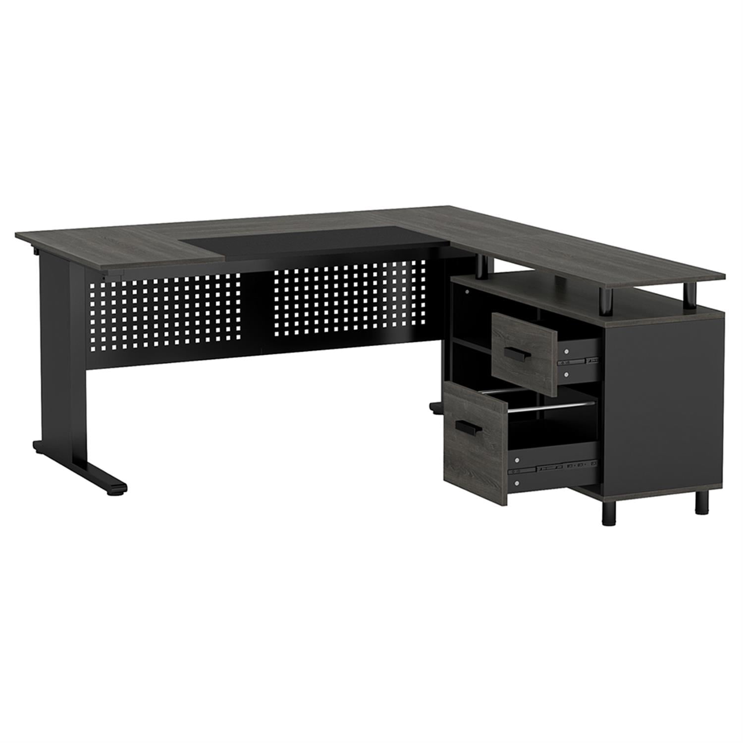 Demi Bonn 63" Modern Large Computer Desk with File Cabinet, Industrial L-Shaped Executive Desk, Study Work Desk for Home Office, Study, Living Room, Black