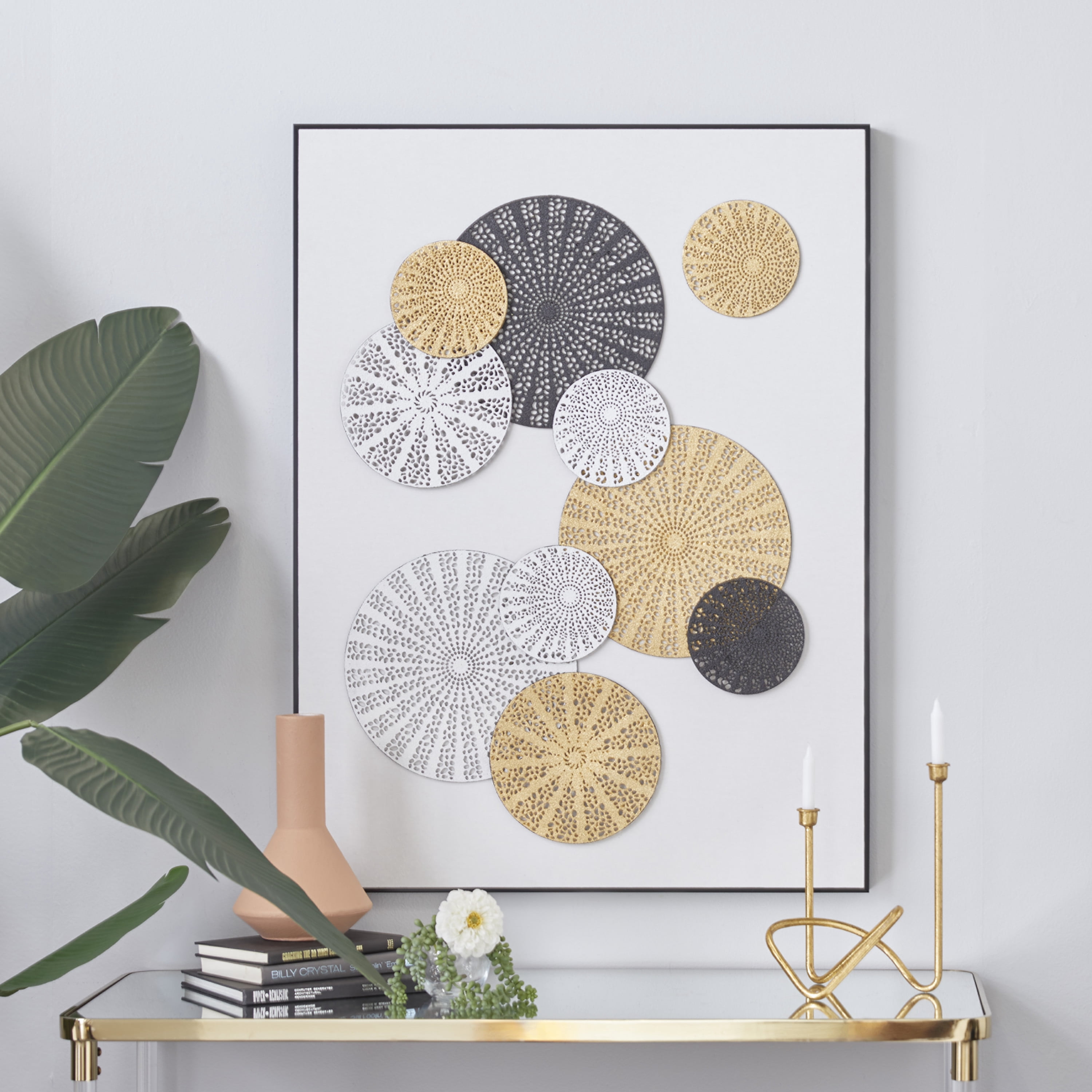DecMode Gold Canvas Contemporary Radial Circles Framed Wall Art