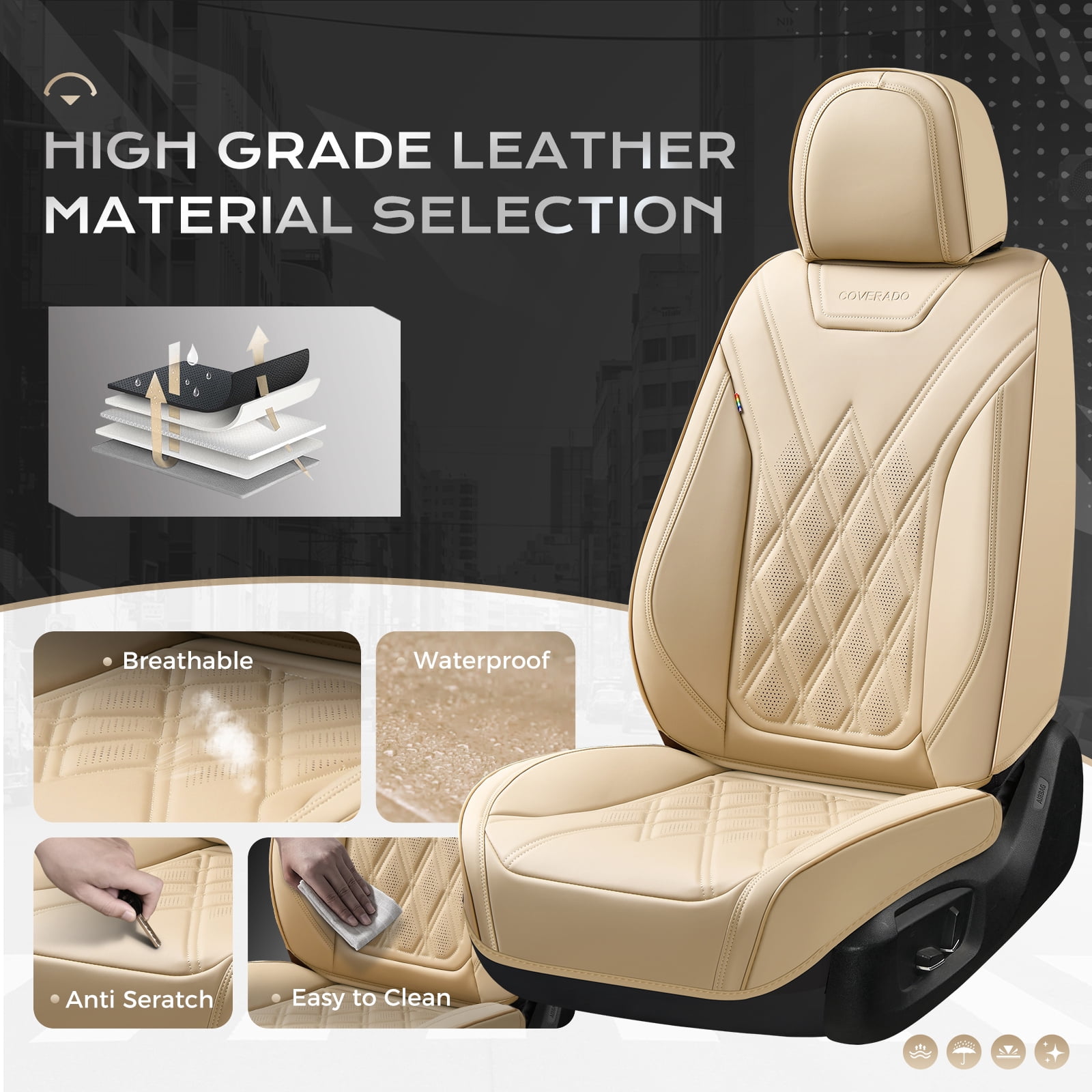 Coverado Full Set Covers For Cars, Waterproof Faux Leather Front and Rear Seat Protectors, Auto Cushions Universal Fit for Most Cars, Beige