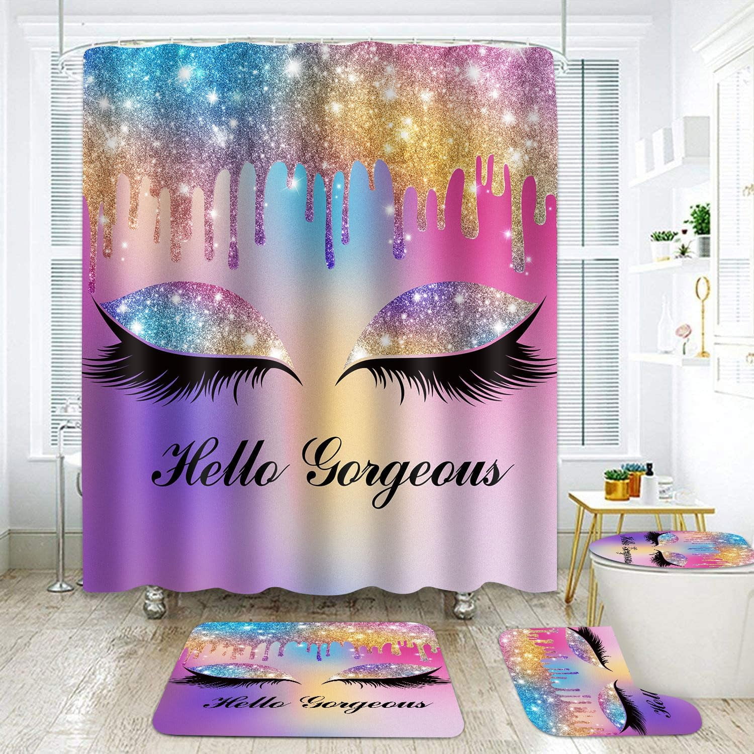 Hello Gorgeous Shower Curtain Set, 4PCS Purple Bathroom Sets with Colorful Twinkle Drips Pretty Eyelash Shower Curtains, Bath Rug, Toilet Lid Cover and U Shaped Mat, 12 Hooks, SETLSGU18