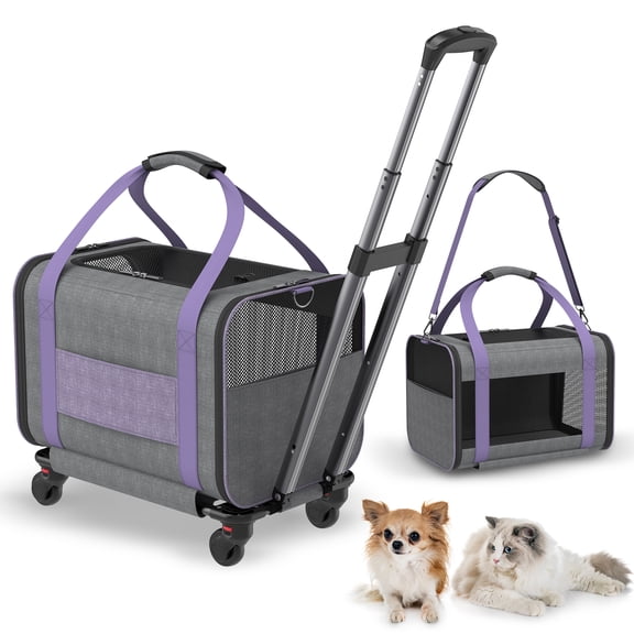 Hutact Rolling Pet Carrier with Wheels, Airline Approved Purple Pet Travel Trolley for Cats & Small Dogs, Durable Cat Carrier Bag with Telescopic Handle & Ventilated Mesh for Outdoor Use