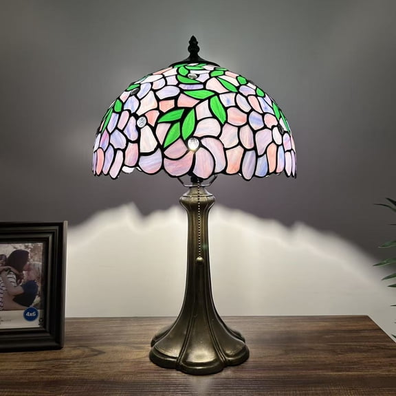 Tiffany Table Lamp Purple Stained Glass Green Leaves LED Bulb Included for Living Room Bedroom Bedside19"H*12"W