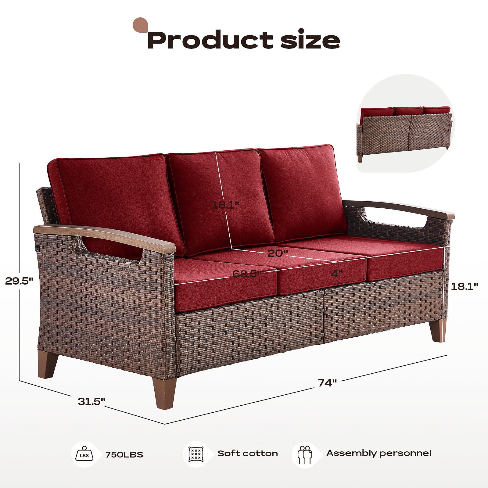 Bellefurn Wicker Patio Sofa Outdoor Couch,Patio 3 Seater Sofa Outdoor Rattan Furniture Sofa with Non-Slip Thick Cushions for Outdoor,Garden,Lawn,Backyard