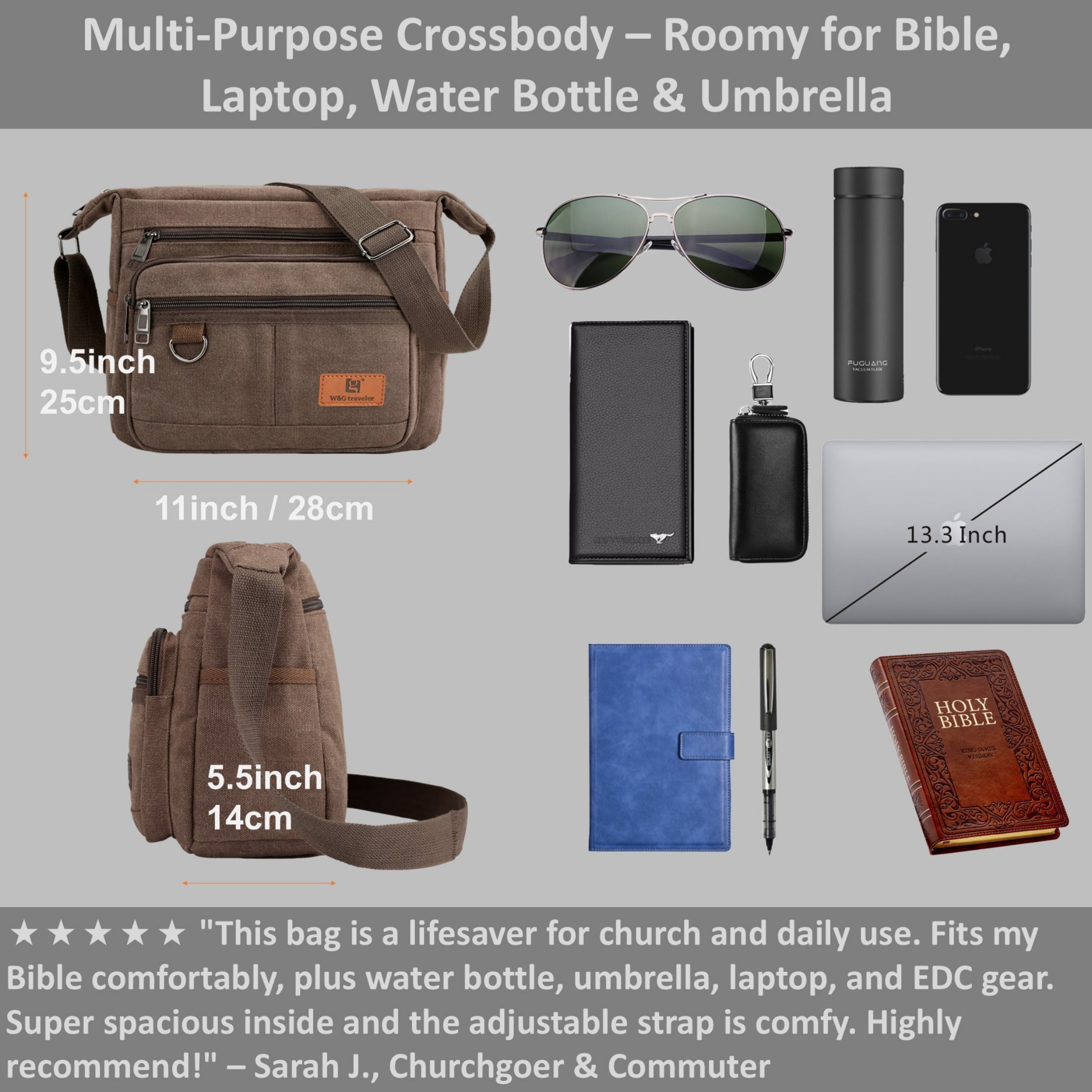 Crossbody Messenger Bag for iPad Pro 12.9 inches, Rfid Shoulder Purse w/Water Bottle Holders, 13 inch Laptop Briefcase, Built-in Wallet With AirTag Case Brown