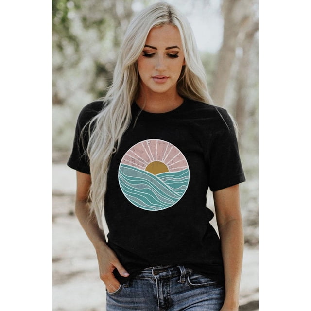 ABPHQTO Camiseta negra con estampado gráfico de amaneceres en el mar para mujer