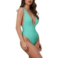 thumbnail image 4 of INSPIRAR CHIC Traje de baño de una pieza con escote en V profundo y espalda descubierta, conjunto de bikini, tirantes anchos, traje de baño adelgazante, talla X-Small, cian, 4 of 5