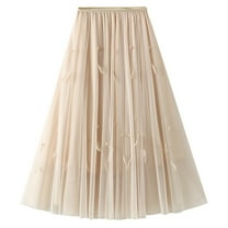 SWSMCLT Women's Pleated Tulle Skirt Soft Chiffon Mesh Feather Beaded High Waisted Elastic Waist Calf Length Fall Flowy Swing Layered Overlay Long Tutu Skirts Spring Summer A-Line Apricot One Size