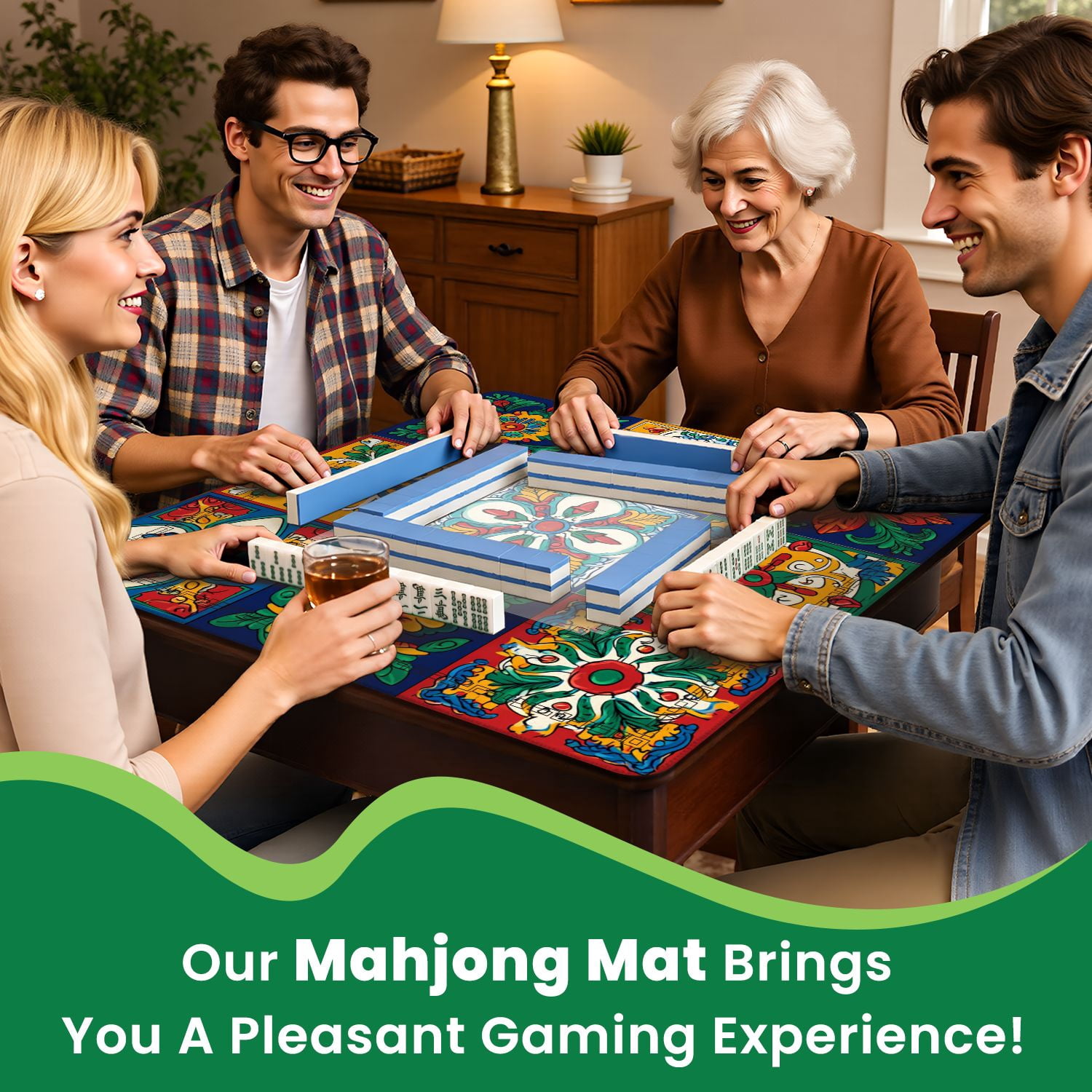 Mahjong Mat 31.5" x 31.5" Mexican talavera ceramic tile seamless Decoration ornamental Non-Slip Noise Reduction American Mahjong Tiles Table Cover for Dominoes Poker Card Board Games Gift