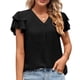 thumbnail image 1 of Blusa de manga con volantes Cuello en V Color puro Ajuste holgado Casual Mujer Top de manga corta para verano Negro XXL, 1 of 6