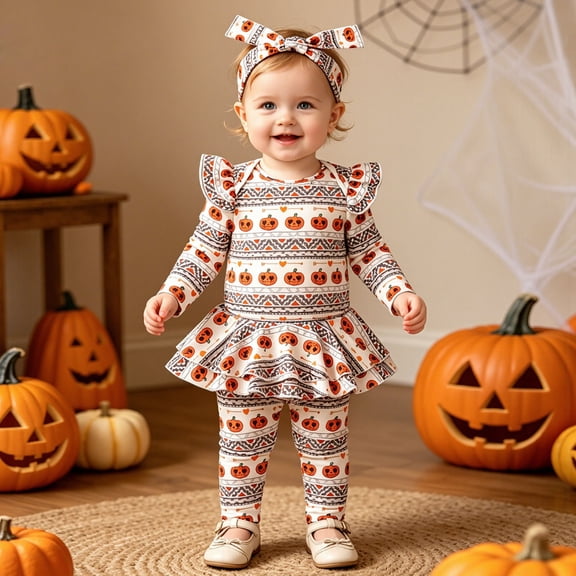 Girls Outfit Printed Long Sleeve Ruffle Afternoon School Indoor Halloween for Girls Floral Dress Set