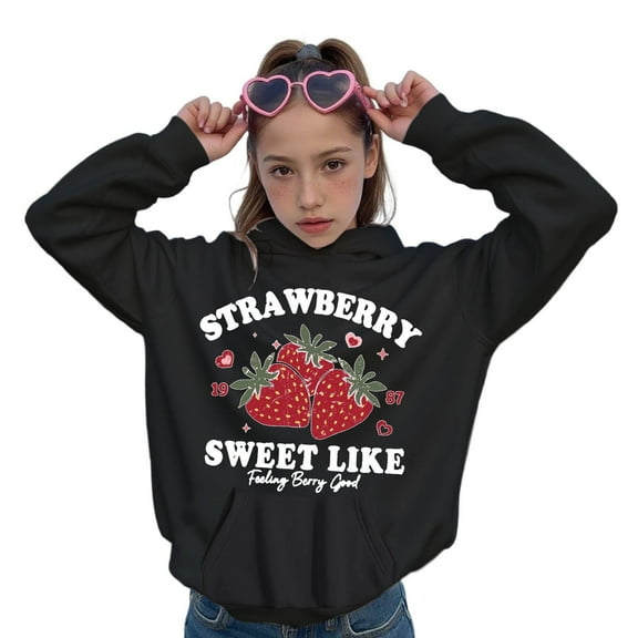 Bibifish Women Hoodies Back To School Strawberry Graphic Print Casual Long Sleeve Drawstring Hoooded Sweatshirts Cozy Pullovers With Pocket