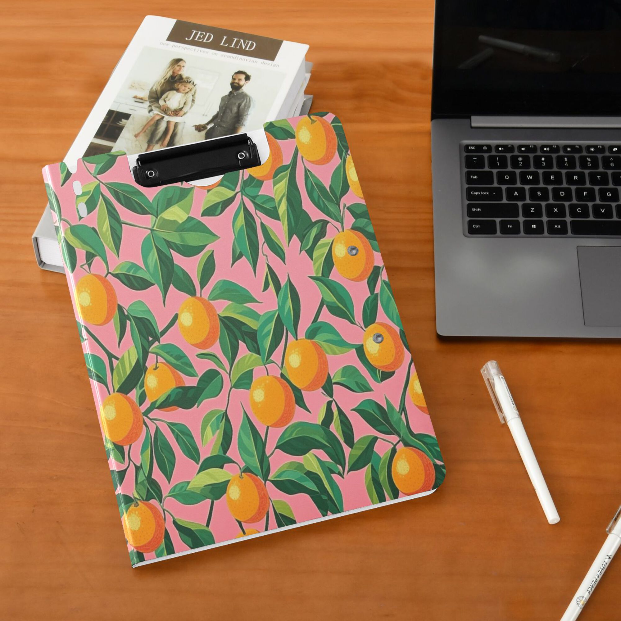 FORMRS A4 Clipboard Folder with Pen Holder Horizontal Foldable School Office Binder, Pink Oranges