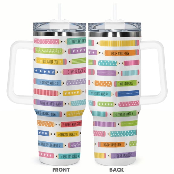 40oz Colorful Teacher Pencil Tumbler with Handle Stainless Steel Insulated Travel Coffee Cup Teacher Gift
