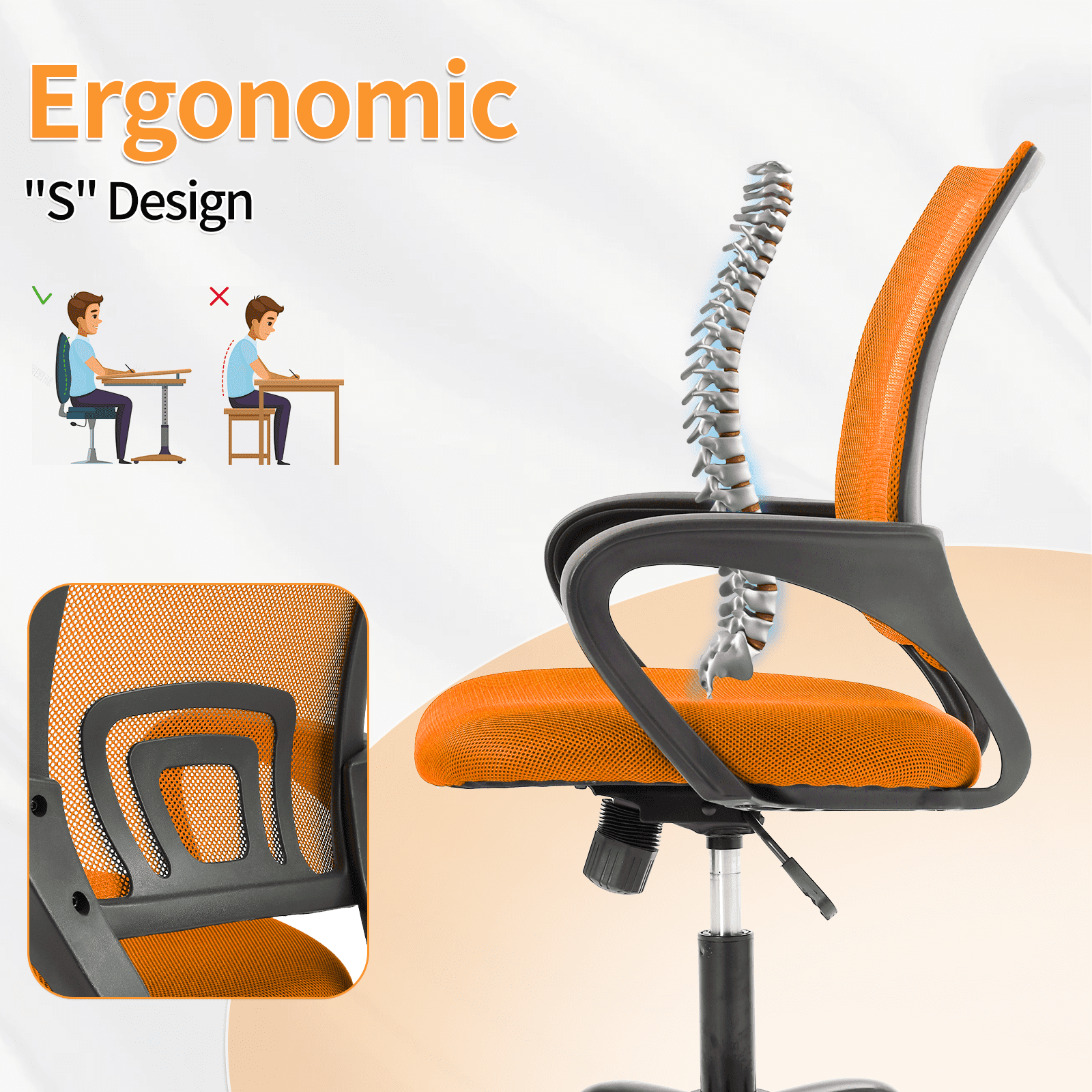 Mid Back Desk Chair Mesh Office Chair Height Adjustable Computer Chair Comfortable Seat & Back Support Ergonomic Task Rolling Swivel Chair with 360 Degree Casters & Armrest,Orange