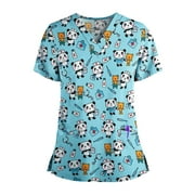 Women's Printed Scrub_Tops Plus Size Short Sleeve V-Neck Fun T Shirts Workwear Nurse Uniform Tee with Pockets