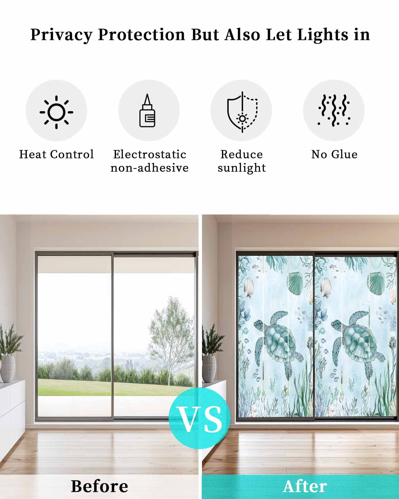 Window Privacy Film Coastal Turtle Stained Glass Window Film Decorative Sun Block Window Cover Beach Nautical Seashells Seaweed Coral Window Clings Static Adhesive Sticker for Bathroom 29.5"x78.7"