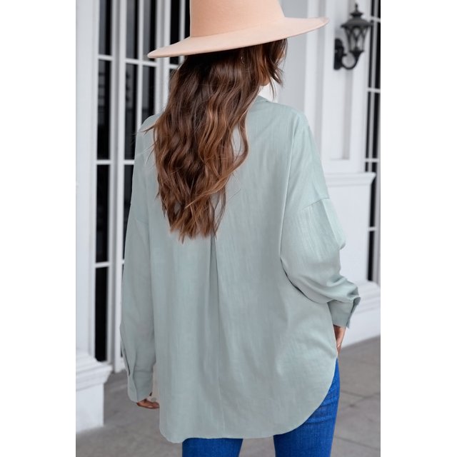 ABPHQTO Camisa de Mujer Celeste Manga Larga Abotonada con Bolsillo
