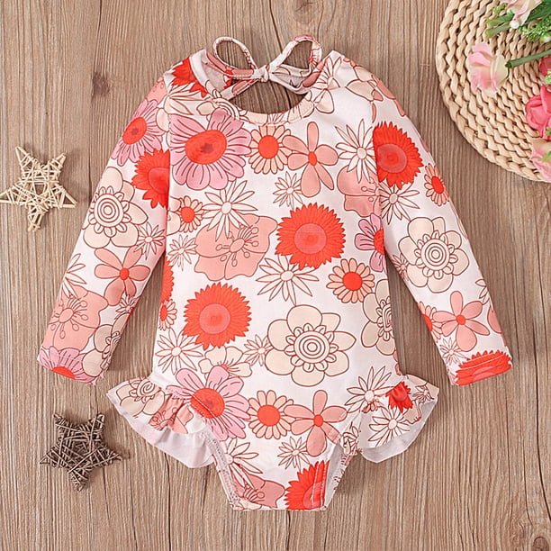 Traje de baño de una pieza para mujer, conjuntos de bikini para mujer, niñas pequeñas, moda, lindo estampado floral, manga larga, frenillo, protección solar, traje de baño para surf en la playa, traje