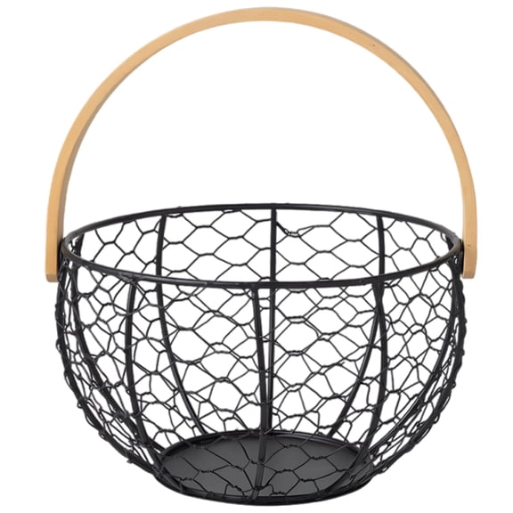 Gathering Basket for Gardening, Large Black Metal Egg Basket for Collecting Fresh Eggs, Decorative Kitchen Fruit Basket, Sturdy Metal Construction with Wooden Handle