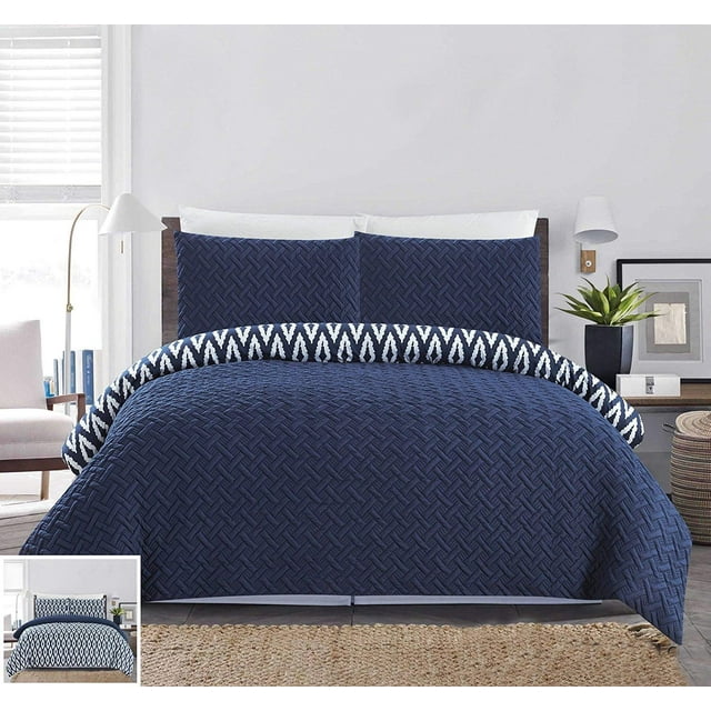 Chic Home Ensemble de Couette Réversible Imprimé Motif Géométrique Matelassé 3 Pcs Ora Lourd Embossé et Brodé Très Grand Marine