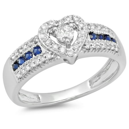 0.55 Carat (ctw) 18K White Gold Round Cut Blue Sapphire & White Diamond Ladies Bridal Heart Shaped Promise Engagement Ri