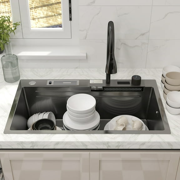 30" Multifunctional Stainless Steel Black Single Sink Undermount Kitchen Sink Modern Durable Kitchen Essentials With Accessories