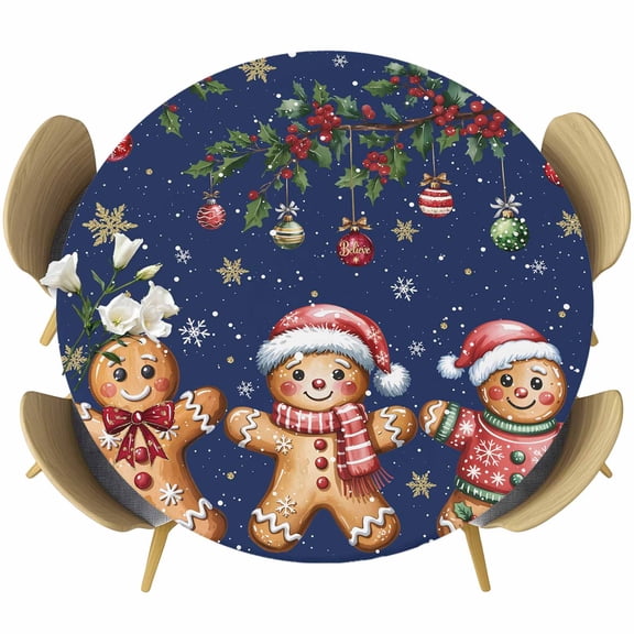 Gingerbread Christmas Round Tablecloth, Fitted Table Cover with Elastic for 36"-44" Round Tables, Xmas Balls Branches Navy Blue Table Cloth Outdoor Indoor Dinning Party Waterproof Tablecloths