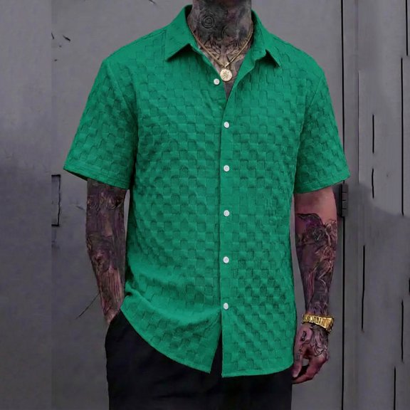 VgaVtl Summer Mens Turn Down Collar Shirts Beach Short Sleeve Mens Tops Leisure Vacation Button Plain