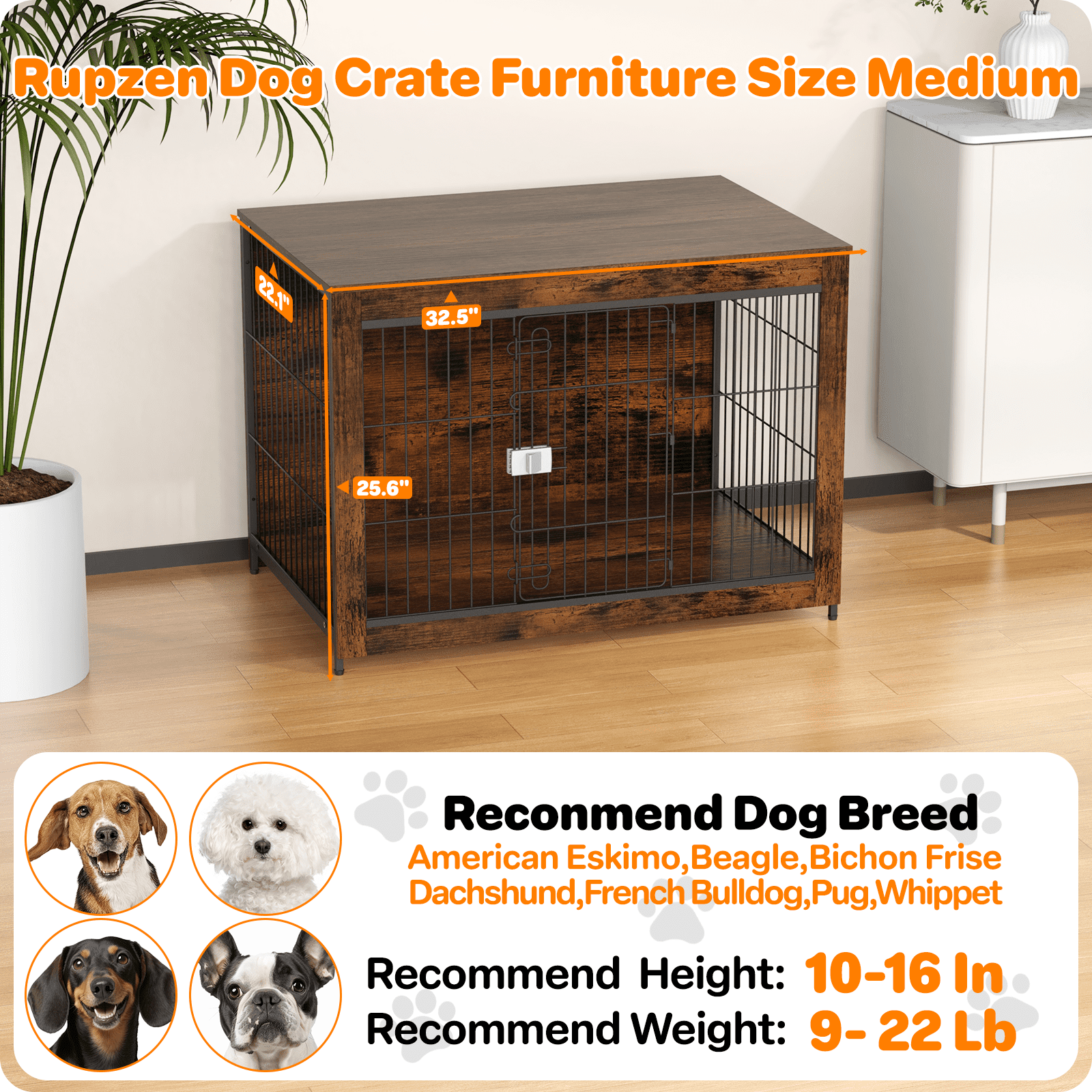 TIME RAY 32"Dog Crate Furniture with Secure Lock, Wooden Dog Kennel End Table Indoor Dog Cage for Small/Medium Dogs, Decorative Pet Crate Table for Home Indoor Use