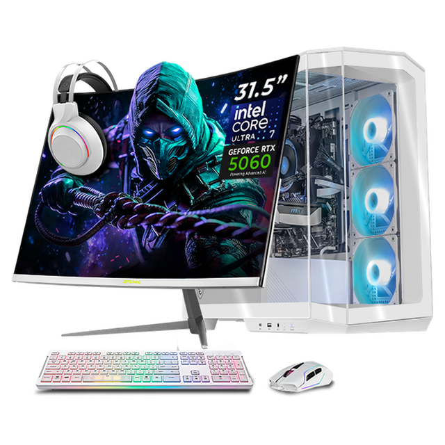 PC Gamer Completa IA Xtreme PC Gaming MSI NVIDIA GeForce RTX 5060 Intel Core Ultra 7 265F 32GB DDR5 SSD 1TB Monitor Curvo 31.5 180Hz WIFI White Productividad Versátil Acelerada con IA