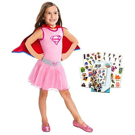 Supergirl Costume for Girls, Size 4-6 ~ Party Outfit Dress Up Set with Tattoos
