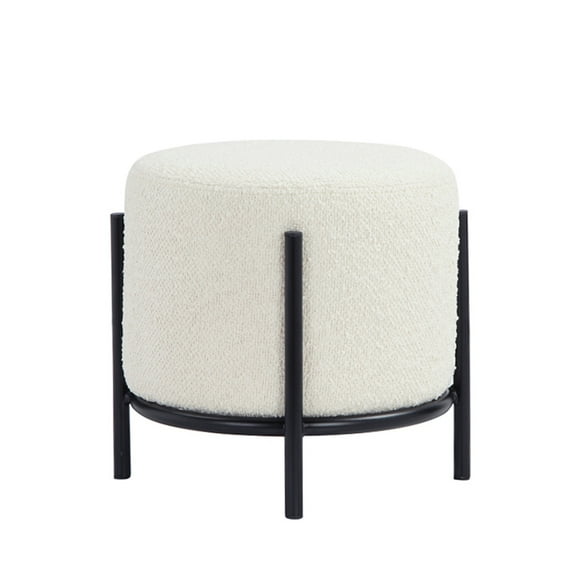 Aop 13 Inch Boucle Ottoman Stool, Round Cushioned Seat, White Boucle, Black