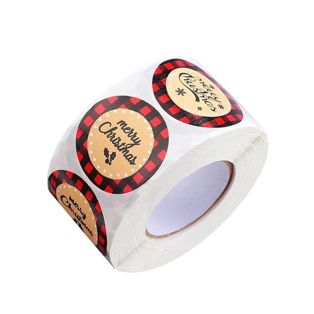 tredstone Decoration Label Sticker Festive Topic Red Grid Gift Box Sticker Kraft Paper Merry Christmas Slogan Decorative Sticker Roll for Festival Christmas Gift
