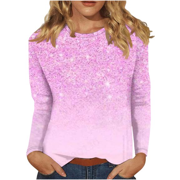 miqiqism Vintage Printed Tees for Women Fashion Casual Round Neck Sweatshirt Juniors Long Sleeve T-Shirt Top Trendy Slim Fit Tunic Blouses Clothes,Hot Pink,3X-Large